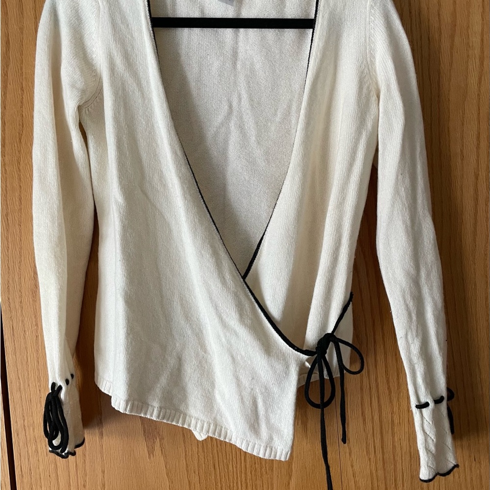 LOFT Cream Wrap Cardigan with Black Trim and Side Tie
